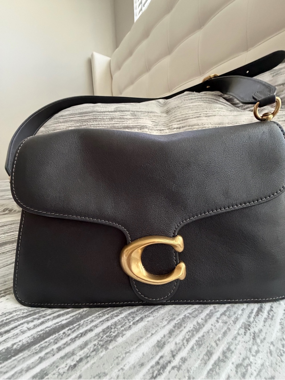 Coach Black Leather Shoulder Bag with Gold C Buckle
